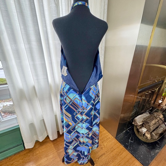 Vintage 60s halter maxi dress, blue orange abstract pattern, Norbert Carlin, 0/2 - Picture 10 of 15